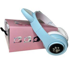 Наушники с ушками Cat Ear В39М беспроводные с подсветкой/FM-радио /MicroSD/Bluetooth голубые 1756375771 фото