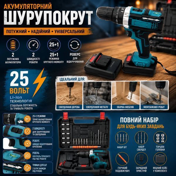 Аккумуляторная дрель-шуруповерт 25V с двумя аккумуляторами, кейсом и набором оснастки бирюзовый M1164 фото