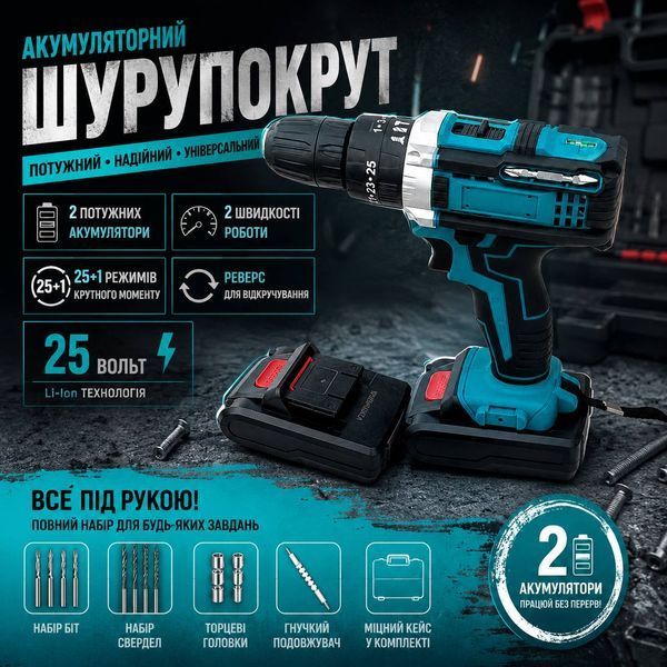 Аккумуляторная дрель-шуруповерт 25V с двумя аккумуляторами, кейсом и набором оснастки бирюзовый M1164 фото