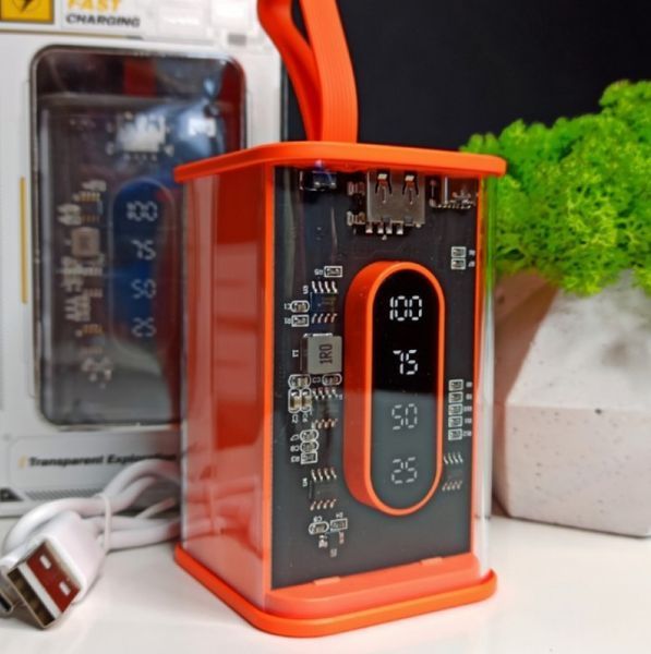 Портативний повербанк Power Bank з прозорим корпусом та LED-індикацією заряду 20000 mAh Помаранчевий (2104618816) 2104618816 фото