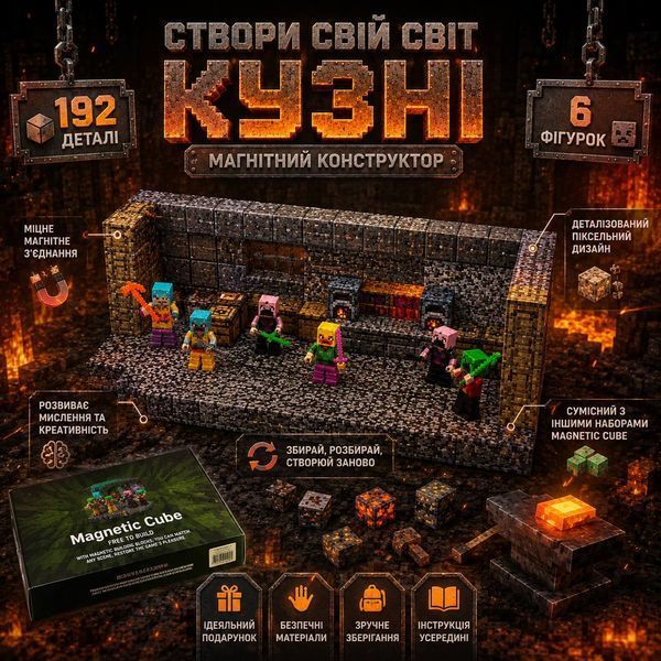 Магнітний конструктор Magnetic Cube BZ96-49B Blacksmith's 192 деталі, 6 фігурок, будинок коваля M1120  фото