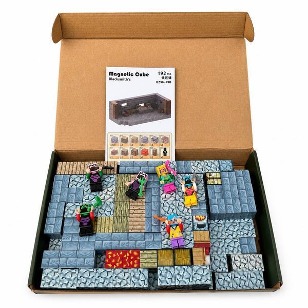 Магнітний конструктор Magnetic Cube BZ96-49B Blacksmith's 192 деталі, 6 фігурок, будинок коваля M1120  фото