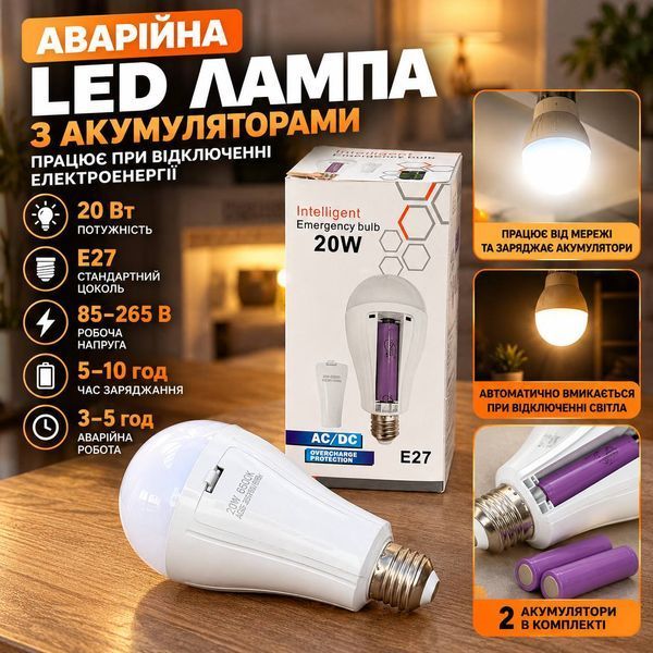 Аварийная аккумуляторная LED-лампа Intelligent Emergency Bulb 20W СОТИ E27, 2 аккумулятора, автоматическое освещение  M1297  фото