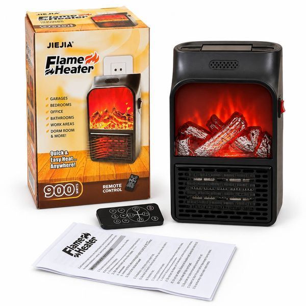 Обогреватель электрический розеточный Flame Heater DP-198 900 Вт с эффектом камина, терморегулятором, таймером и пультом ДУ, черный M1345 фото