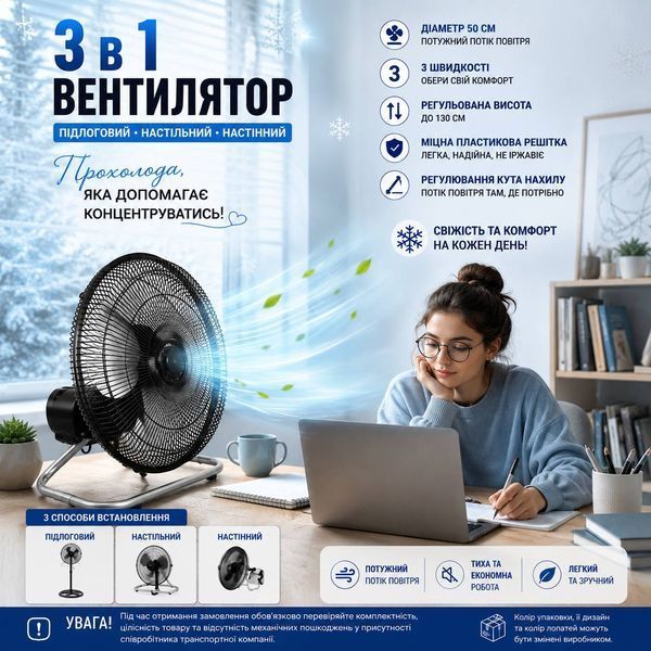 Вентилятор VEN 3в1 підлоговий / настільний / настінний 18" (50 см) M1122 фото