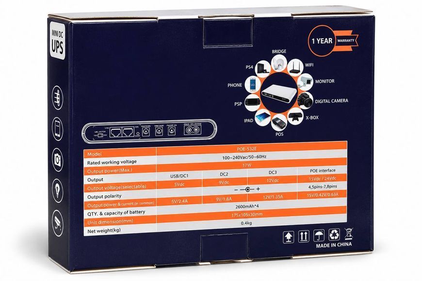 Джерело безперебійного живлення GIANT Mini DC UPS POE-532E 10400 mAh для роутера, модема, камер, 5/9/12/15/24 В, USB та POE M1299 фото