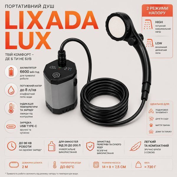 Портативний акумуляторний душ LIXADA LUX для кемпінгу з дисплеєм температури та заряду, 2 режими подачі води, шланг 2 м, 6600 мА&middot;год M1210 фото