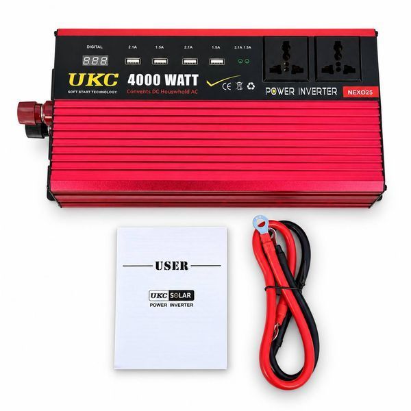 Автомобільний інвертор UKC Solar TSL-4000W 12V&ndash;220V 4000 Вт червоний з USB, дисплеєм та кабелями для підключення до акумулятора M1287 фото