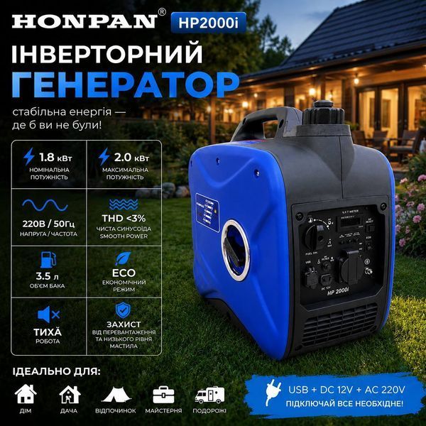 Инверторный бензиновый генератор HONPAN HP2000i, 1,8 кВт номинальная / 2,0 кВт максимальная, 220 В, 50 Гц M1212 фото