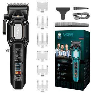 Аккумуляторная машинка VGR V-600 BLACK для стрижки, 6 насадок, LED-дисплей Черный (VGR193) VGR193 фото