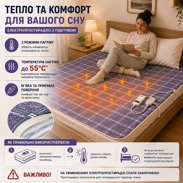 Электропростынь с подогревом 150&times;180 см 140 Вт, 2 режима нагрева, с пультом управления M1179 фото