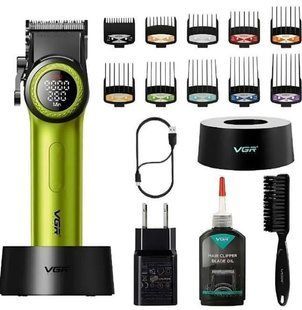 Машинка для стрижки волосся VGR V-001 GREEN акумуляторна 10 насадок LED підсвічування Зелений (VGR064) VGR064 фото