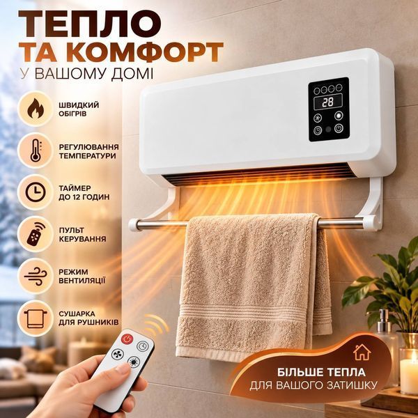 Обігрівач настінний електричний TermoLux L-2008 1500 Вт з пультом дистанційного керування, терморегулятором, таймером та сушаркою для рушників, білий M1311 фото