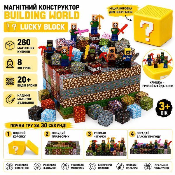 Магнитный конструктор Building World Lucky Block, 260 кубиков, 8 фигурок, пластиковая коробка с игровой крышкой M1112 фото