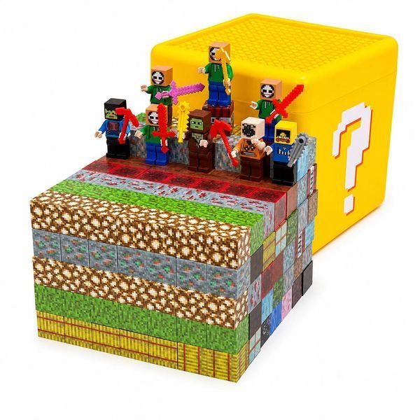 Магнитный конструктор Building World Lucky Block, 260 кубиков, 8 фигурок, пластиковая коробка с игровой крышкой M1112 фото