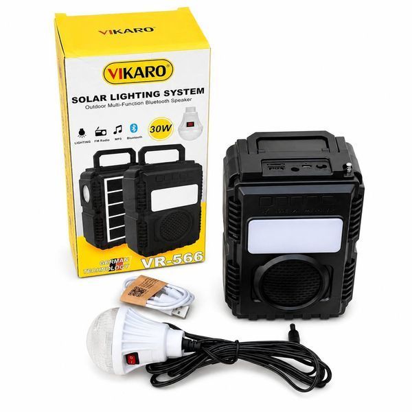 Портативна сонячна система освітлення VIKARO VR-566 з Bluetooth-колонкою, FM-радіо, MP3 та LED-лампою, 30 Вт M1245 фото