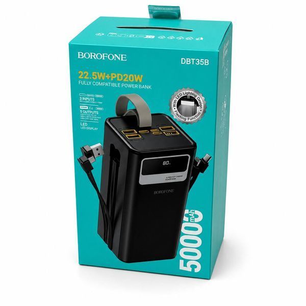 Повербанк BOROFONE DBT35B 50000 mAh 22.5W PD20W з вбудованими кабелями, LED-дисплеєм та ліхтариком M1141 фото