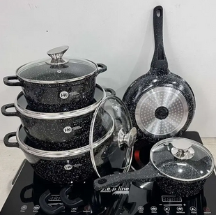 Набір посуду Higher Kitchen HK-305 з антипригарним покриттям граніт чорний, каструлі+сковорідка 305 фото