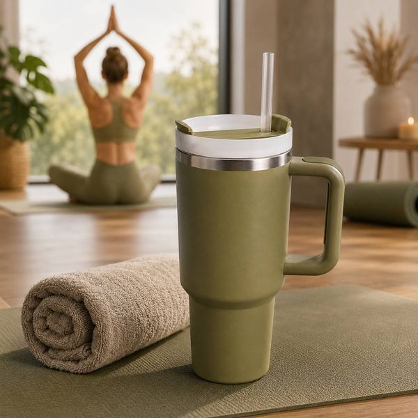 Термос термокружка Tumbler з ручкою, кришкою та трубочкою 30 см, колір оливка M1184 фото