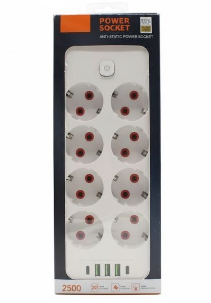 Мережевий подовжувач Power Socket з 8 розетками та 3 USB-портами 2500W переноска 3 м (2104618793) 2104618793 фото