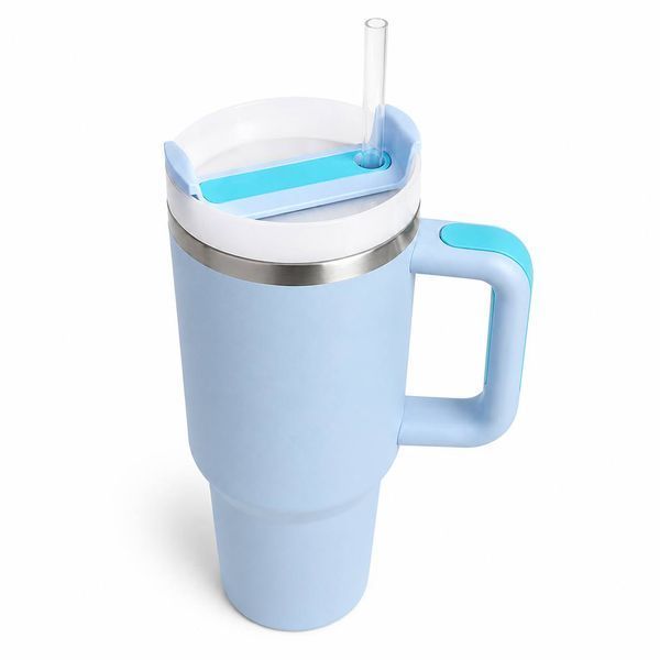 Термос термокружка Tumbler з ручкою, кришкою та трубочкою 30 см, колір блакитний  M1185 фото