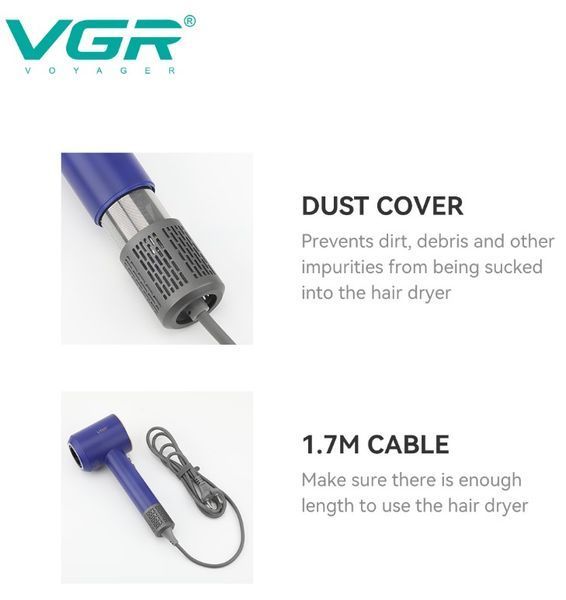 Професійний фен VGR V-445 BLUE 1600 Вт, 110000 RPM, 3 режими обдування, 4 рівні температури (VGR124) VGR124 фото