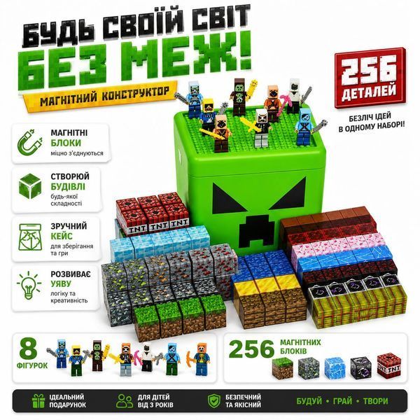 Магнитный конструктор Building World Magnetic Block Creeper  в пластиковом боксе, 260 кубиков, 8 фигурок, базовая пластина для игры M1113 фото
