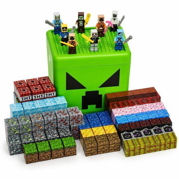 Магнитный конструктор Building World Magnetic Block Creeper  в пластиковом боксе, 260 кубиков, 8 фигурок, базовая пластина для игры M1113 фото