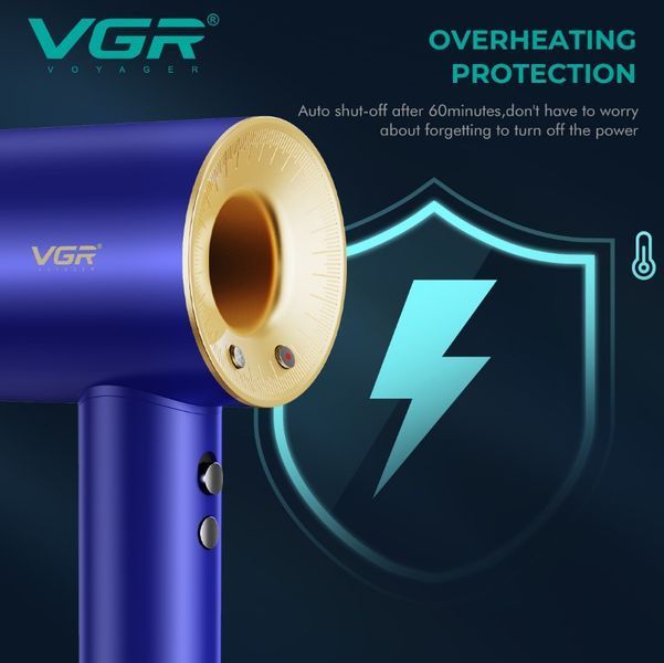 Професійний фен VGR V-445 BLUE 1600 Вт, 110000 RPM, 3 режими обдування, 4 рівні температури (VGR124) VGR124 фото