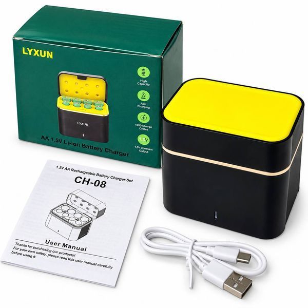 Зарядное устройство LYXUN CH-08 для аккумуляторов AA и AAA 1,5 В Li-ion на 8 слотов, USB Type-C, с 8 аккумуляторами в комплекте (4 AA + 4 AAA), черное M1323 фото