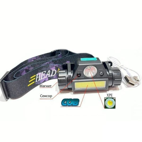 Фонарик налобный туристический аккумуляторный High Power Head Lamp 1898 с магнитом и сенсором 1756375762 фото