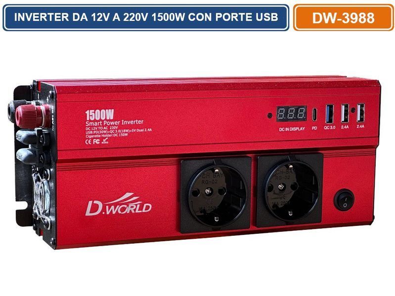 Автомобільний інвертор D.WORLD DW-3988 1500 Вт модифікована синусоїда (2104619056) 2104619056 фото