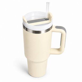 Термос термокружка Tumbler з ручкою, кришкою та трубочкою 30 см, колір кремовий айворі M1190 фото