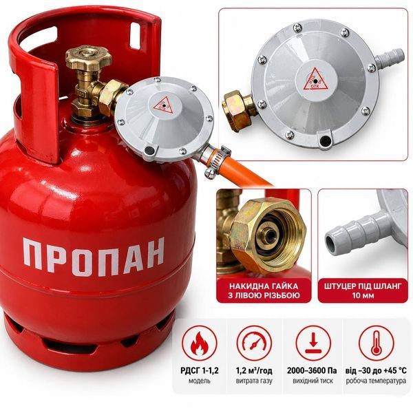 Редуктор газовый РДСГ 1-1,2 для пропан-бутанового баллона, 1,2 м&sup3;/ч, штуцер под шланг 10 мм, серый M1326 фото