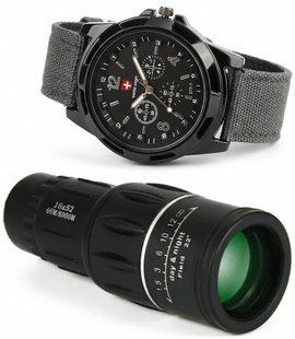 Комплект монокуляр BUSHNELL 16X52 + Мужские наручные часы Swiss Army в армейском стиле 2104619440 фото