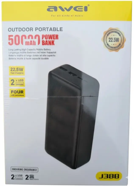 Портативний повербанк Power bank Awei J38B на 50000 мА&middot;год зі швидким заряджанням Чорний   2104618841 фото