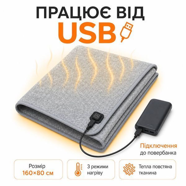 Электропростынь с подогревом USB 160&times;80 см, 3 режима температуры, 10 Вт, серая M1239 фото