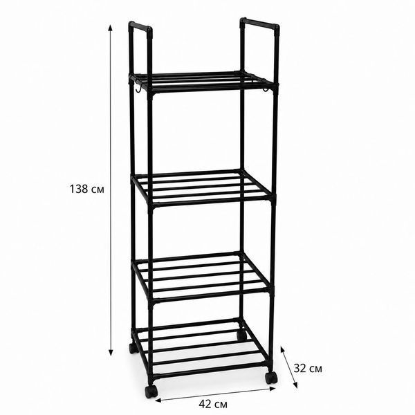 Металевий кухонний стелаж на колесах 4-ярусний Multifunctional Kitchen Storage Rack з гачками 140&times;42&times;32 см M1108 фото