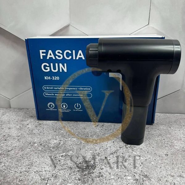 Портативний ручний масажер. Масажер із акумулятором Fascial Gun. Чорний вібраційний масажер 4 насадки АМ-323 фото