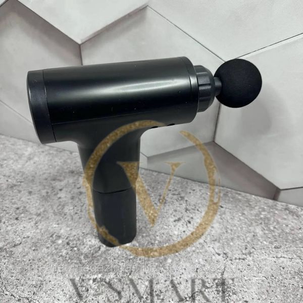 Портативний ручний масажер. Масажер із акумулятором Fascial Gun. Чорний вібраційний масажер 4 насадки АМ-323 фото